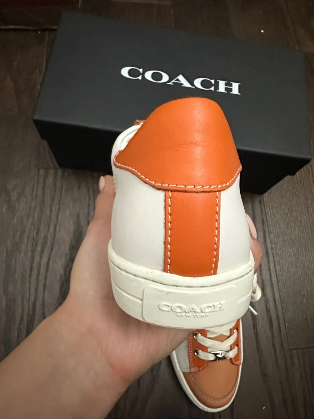 coach Leather Low-Top Sneakers in Orange and White